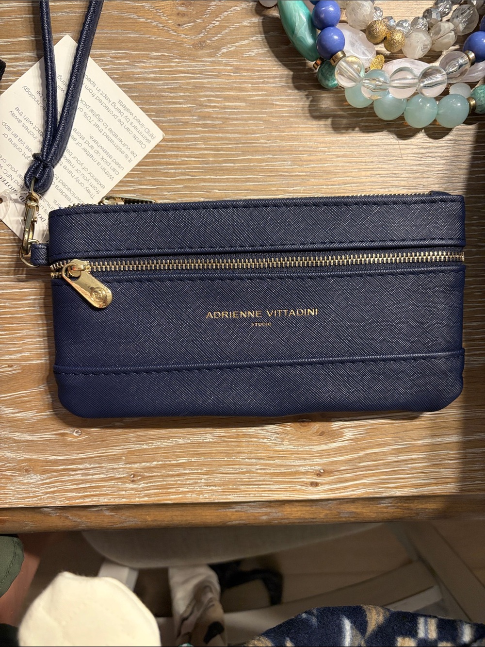 Adrienne Vittadini Navy Textured Wristlet Clutch with Gold Hardware